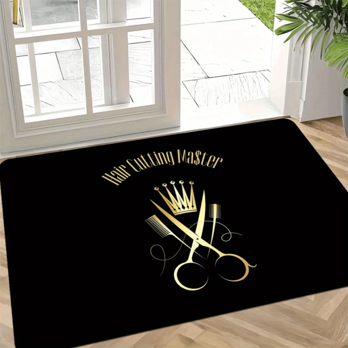 Door Mat for Barbers Featuring a Golden Barber Pole And Scissors Non-Slip Mat  for Both Indoor And Outdoor Use, Machine Washable