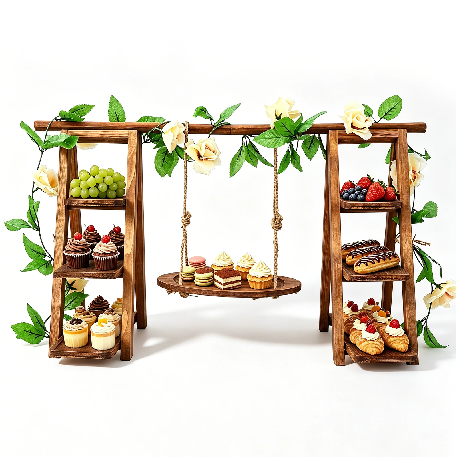 Support à cupcakes en bois à 3 niveaux, style balançoire, plateau de service pliable en pin en forme de A, présentoir alimentaire multifonctionnel pour bonbons, fruits, collations, pour fêtes, pique-niques, goûters