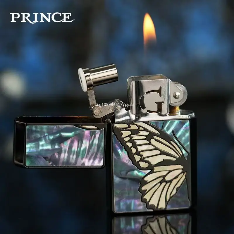 Prince Extremely Cool Lighter Natural Colorful Beige Two-Side Inlay Butterfly Grinding Wheel Kerosiene Machine High-end Creative