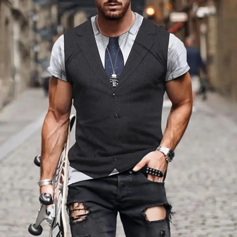 Fashionable and Lnteresting Western Suit Pictures For Men\'s T-Shirts Trend Digital Printing Casual Round Neck Short Sleeved