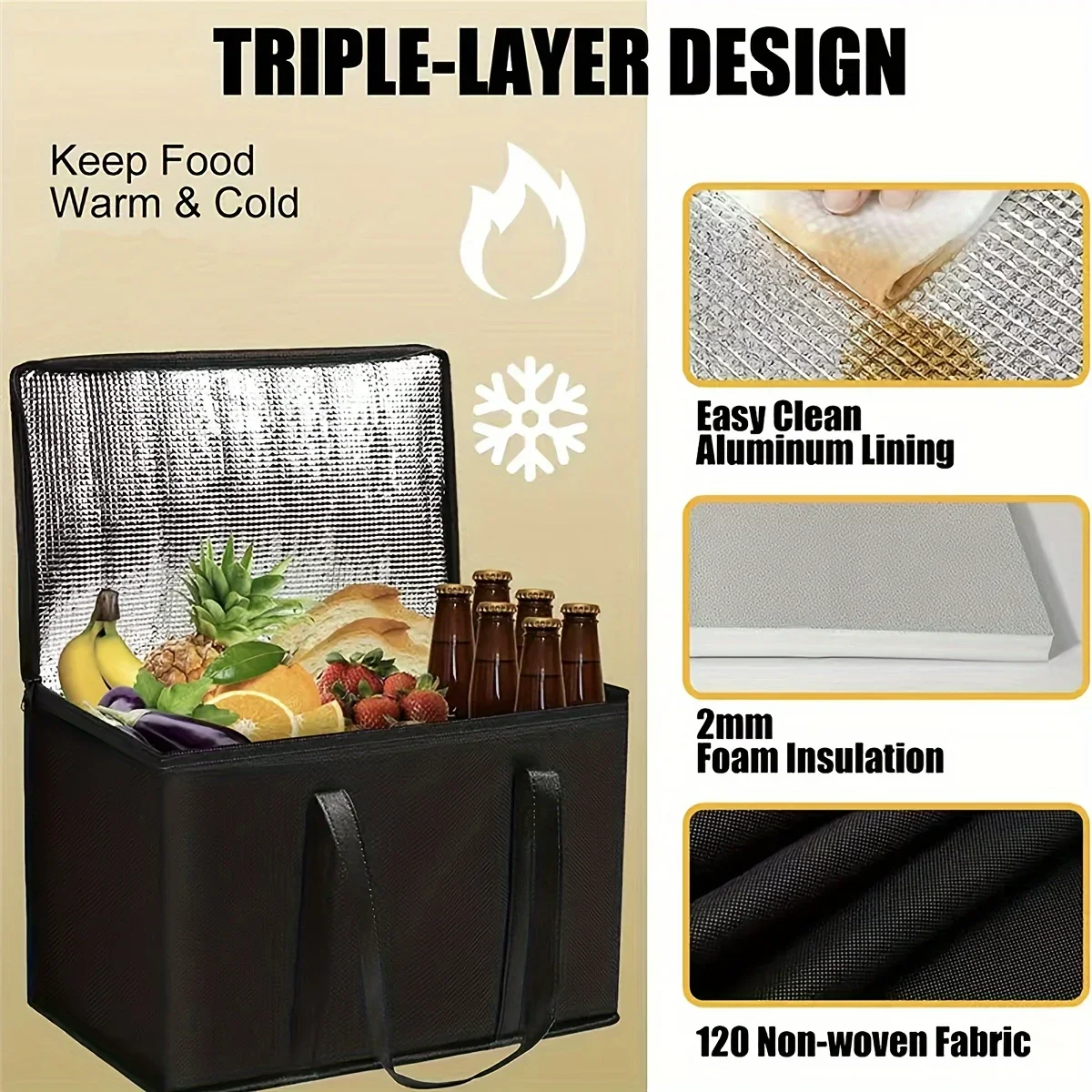 XL/Large Insulated Bag: Keep Food Hot & Cold For Hours - Grocery Tote, Soft Cooler Bag, Pizza Warmer Lightweight & Sturdy Zipper