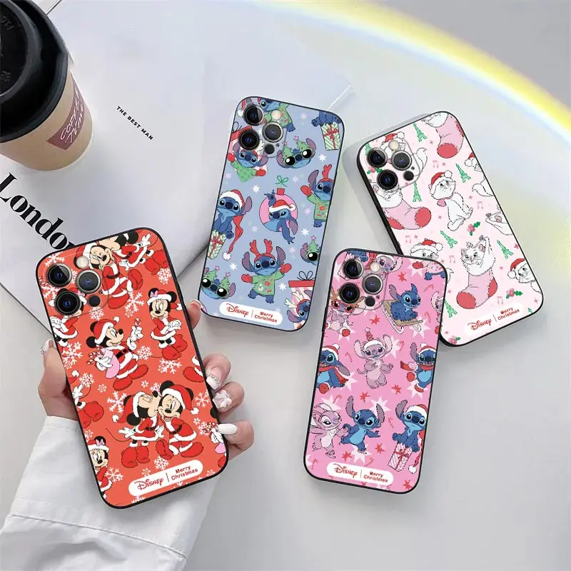 Phone Case for iPhone 16 Pro Cases 11 15 14 Plus 13 Pro Max 12 11 XS XR 8 SE 16Pro TPU Soft Cover Disney Christmas Mickey Stitch