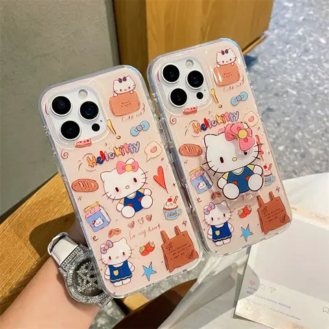 Funda de teléfono con soporte giratorio y lazo de Hello Kitty de dibujos animados coreanos para iPhone 16 15 14 13 Pro Max, funda protectora a prueba de golpes