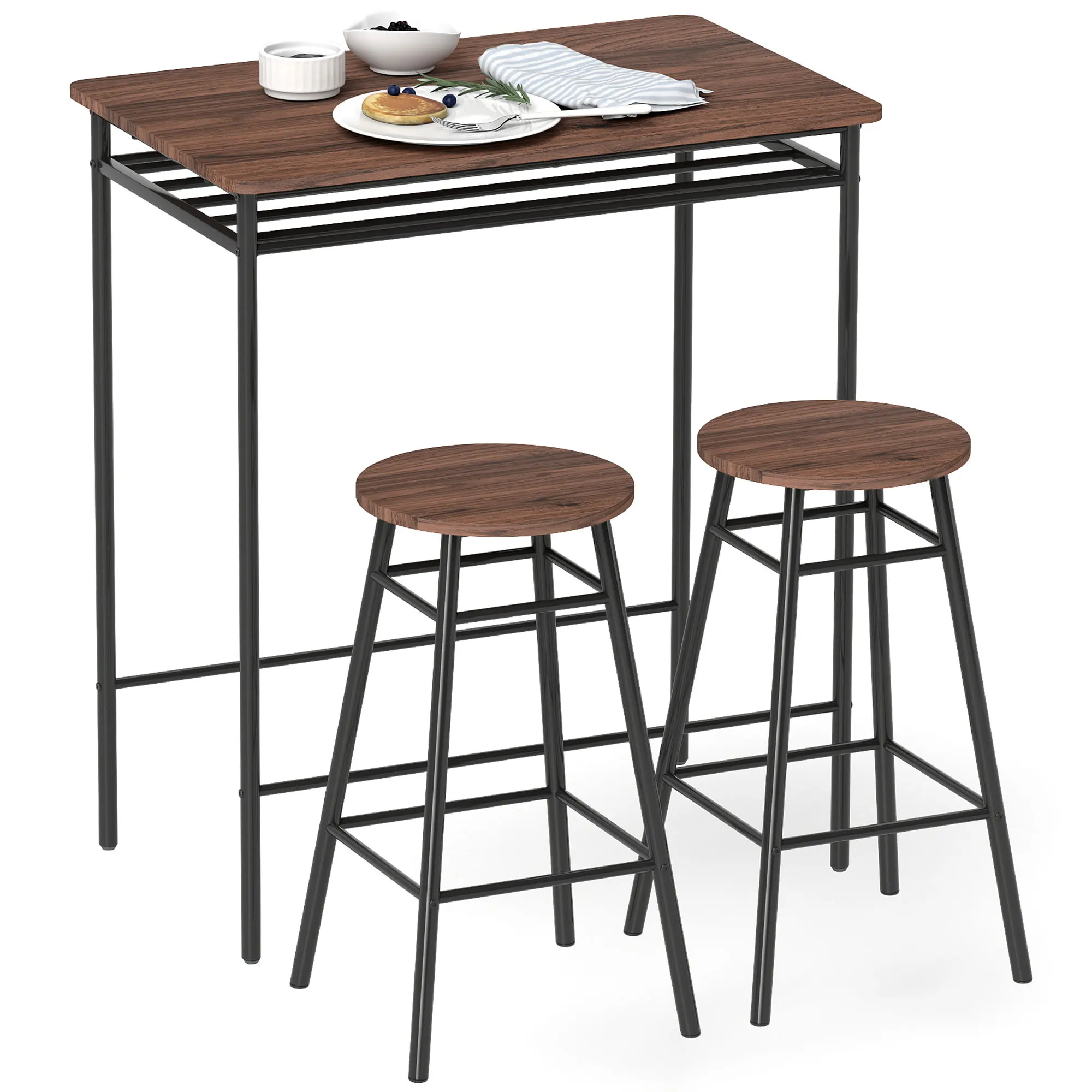 Homcom Ensemble table de bar et tabourets, table de cuisine haute avec 2 tabourets industriels, étagère ouverte, repose-pieds, gain de place, pour petits espaces, salle à manger, salon, marron