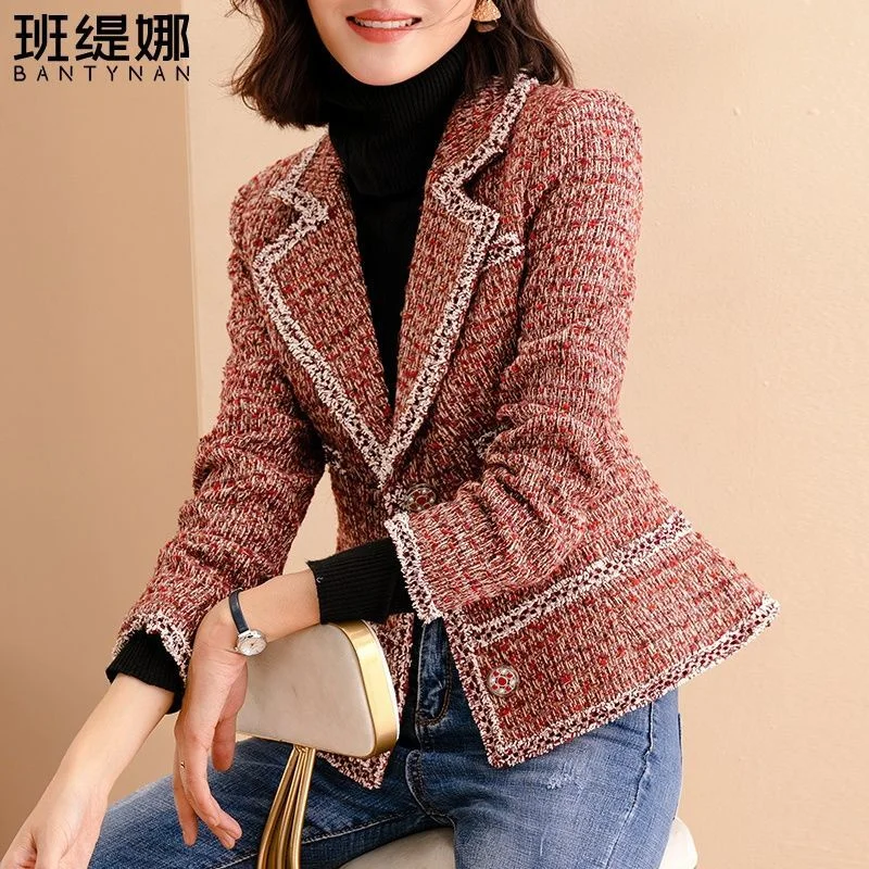 

Women Korean Small Fragrance Coat Female 2023 Spring And Autumn New Temperament Socialite Short Joker Tweed Small Woolen Blouse