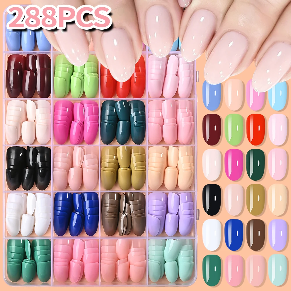 

288Pcs Short Oval Press On Nails Sping Glossy Solid Color Simple Fake Nails Tip Full Coverage Wearable Nail Art Kit for Women