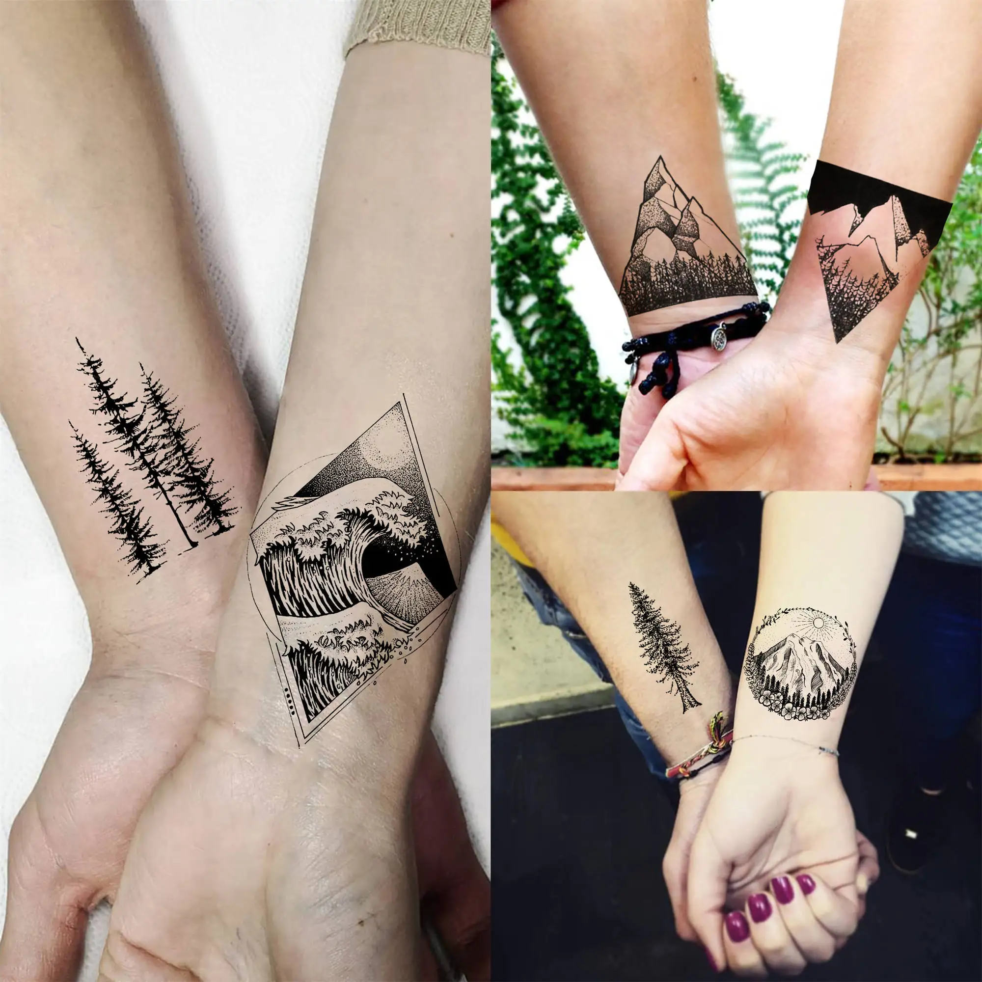 18 Sheets Geometry Mountain Temporary Tattoos For Men Women Adults Fake Waves Tattoo Sticker Black 3D Pine Tree Tatoos Triangle