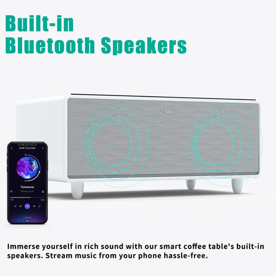 Modern Smart Coffee Table with Built-in Fridge Bluetooth Speaker Wireless Charging Touch Control Panel USB Ports Outlet Protect