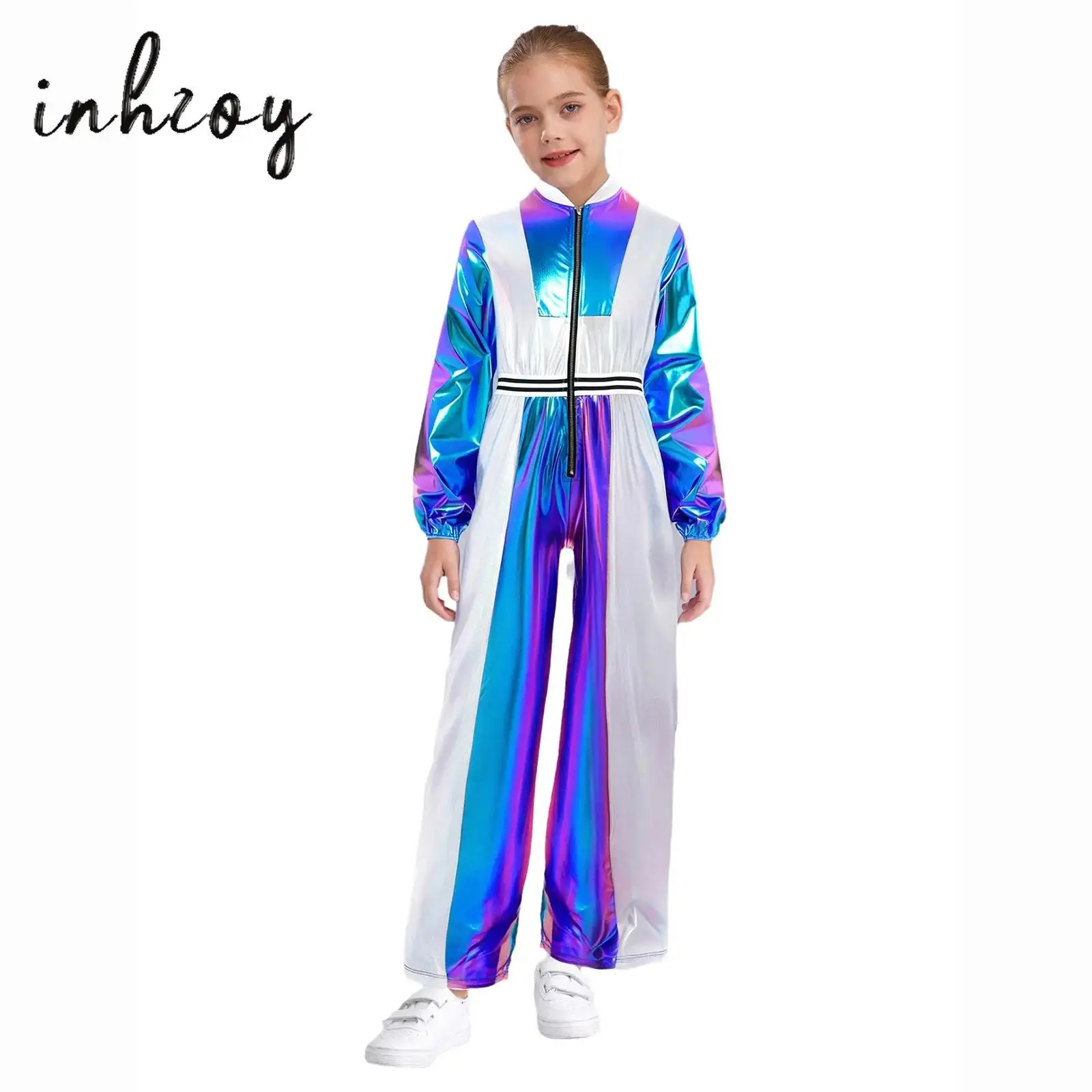 

Kids Girls Disco Jazz Dance Hip-Hop Jumpsuit Long Sleeves Stand Collar Metallic Color Block Bodysuit for Stage Performance