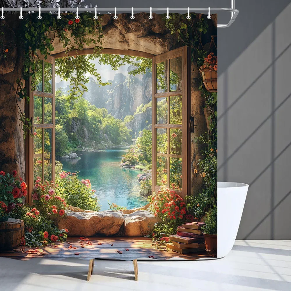 

Очаровательная занавеска для душа с лесным окном — красивый пейзаж под озером, подходит для естественного вдохновения и творчества.
