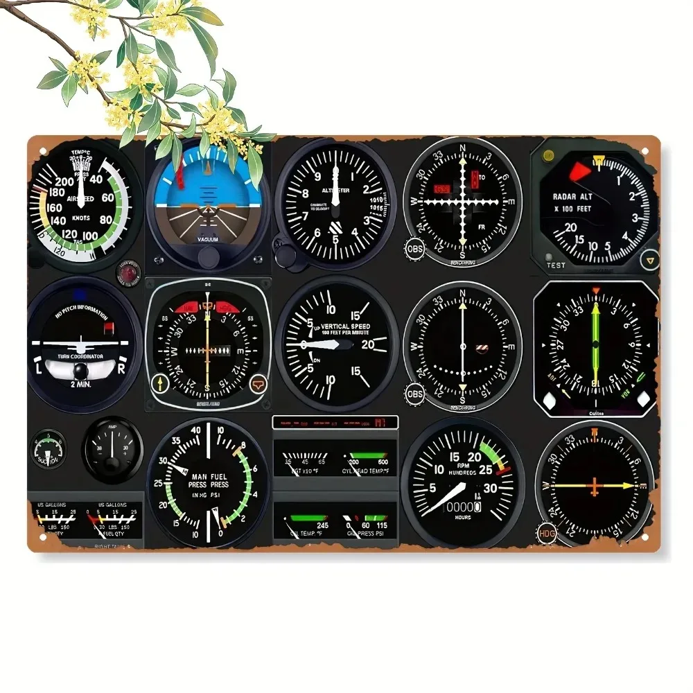 Retro Airplane Cockpit Metal Wall Art, Vintage Aviation Gauge Sign for Garage Bar, Rustic Man Cave Decor