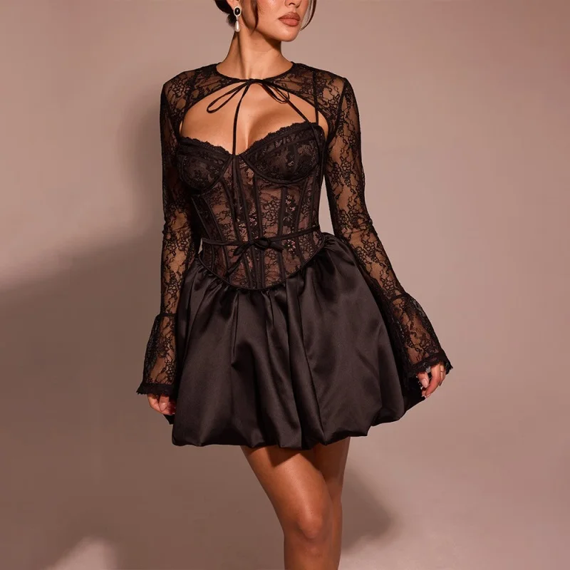

Shawl Strapless Women's Puffy Skirt Lace Long Sleeve Bandage Gown Black Low Waist Party Skirt New Arrival Spicy Girl In Stock