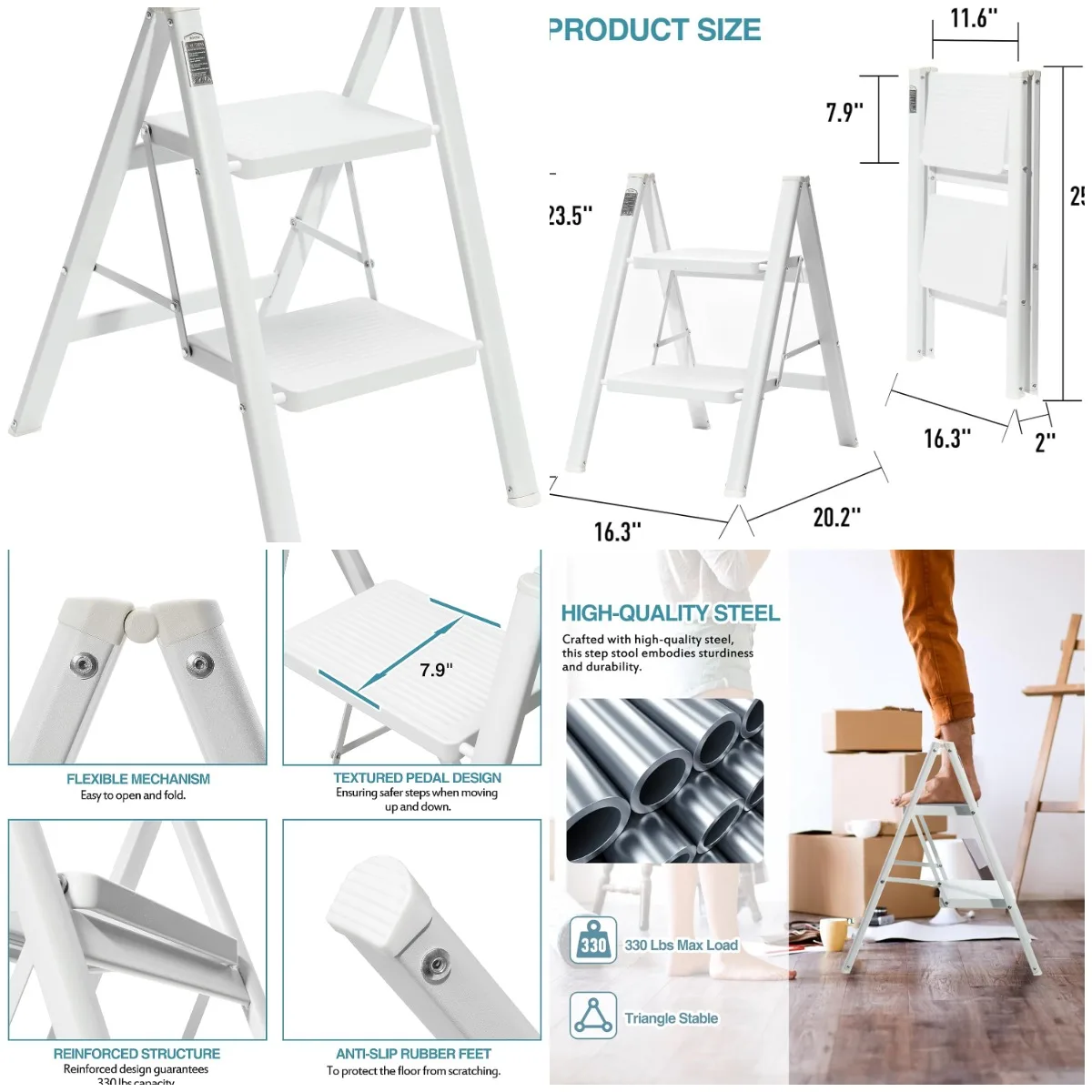 

2-ступенчатая складная лестница, легкий металлический табурет-ступенька, грузоподъемность 330 фунтов, противоскользящая широкая педаль, белый