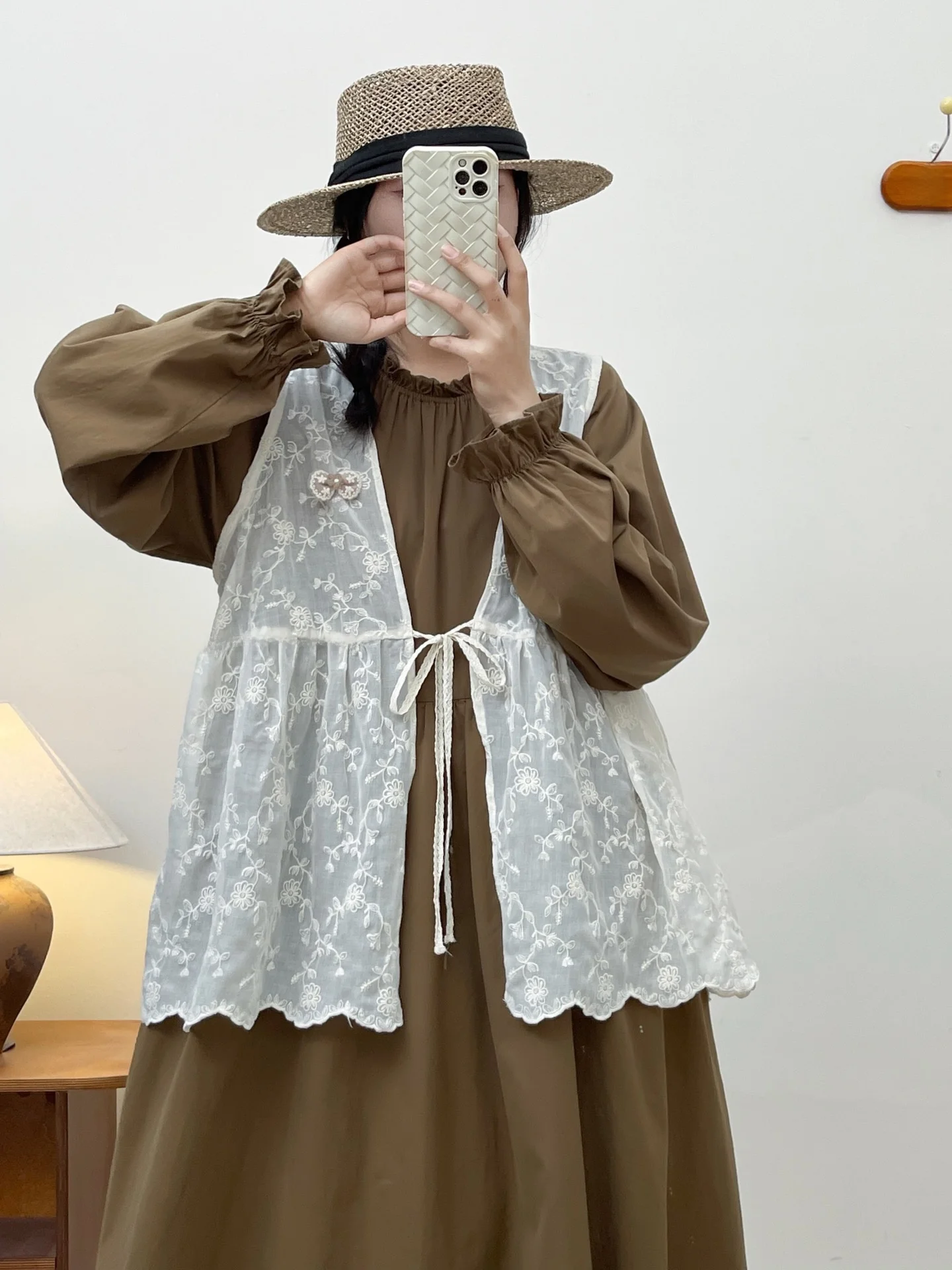 

Spring Summer Cotton Embroidered Waist-Cinching Belted Open Cardigan Vest Thin Layerable Versatile Women's Faion