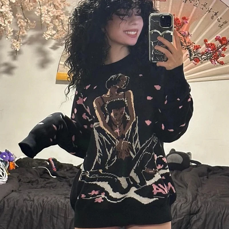 Harajuku Hip Hop Streetwear Sweater Vintage Japanese Style Anime Girl Knitted Long Sleeve Pullover Sweaters 2025 Female Clothes