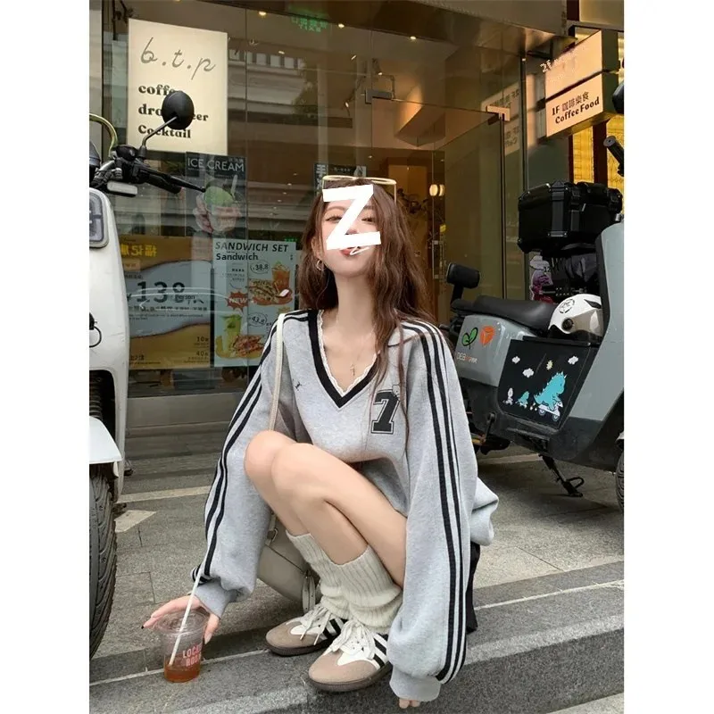 2024 Korean Style Loose Fit Casual Sweatshirt Women's Lace Edge Splicing Color Blocking Stripe Long Sleeve Top V-Neck