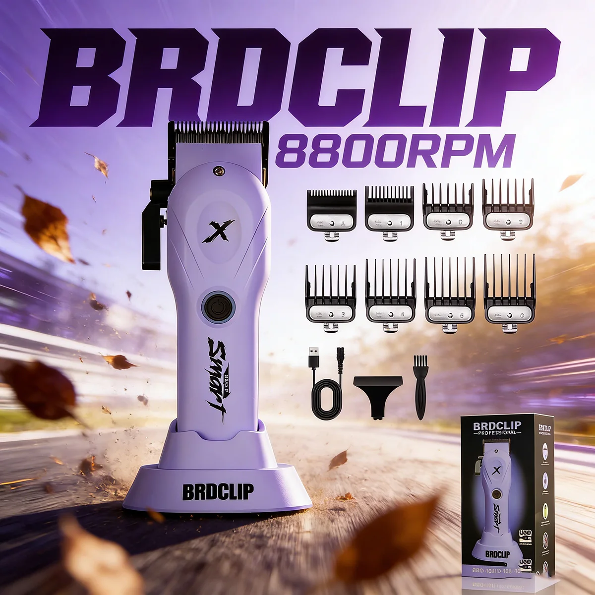 Professional BRDCLIP Purple Hair Clipper Brushless Motor 8800RPM 4500mAH DLC Blade 5 Speed Adjustment Lever With Chargine Base