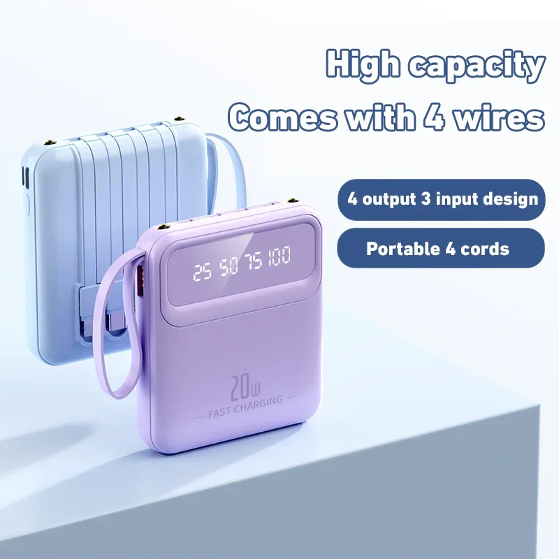 20000mAh Mini Power Bank 4in1 Cable Portable Charger Fast Charging LED Digital Display Poverbank External Battery Mobile Power