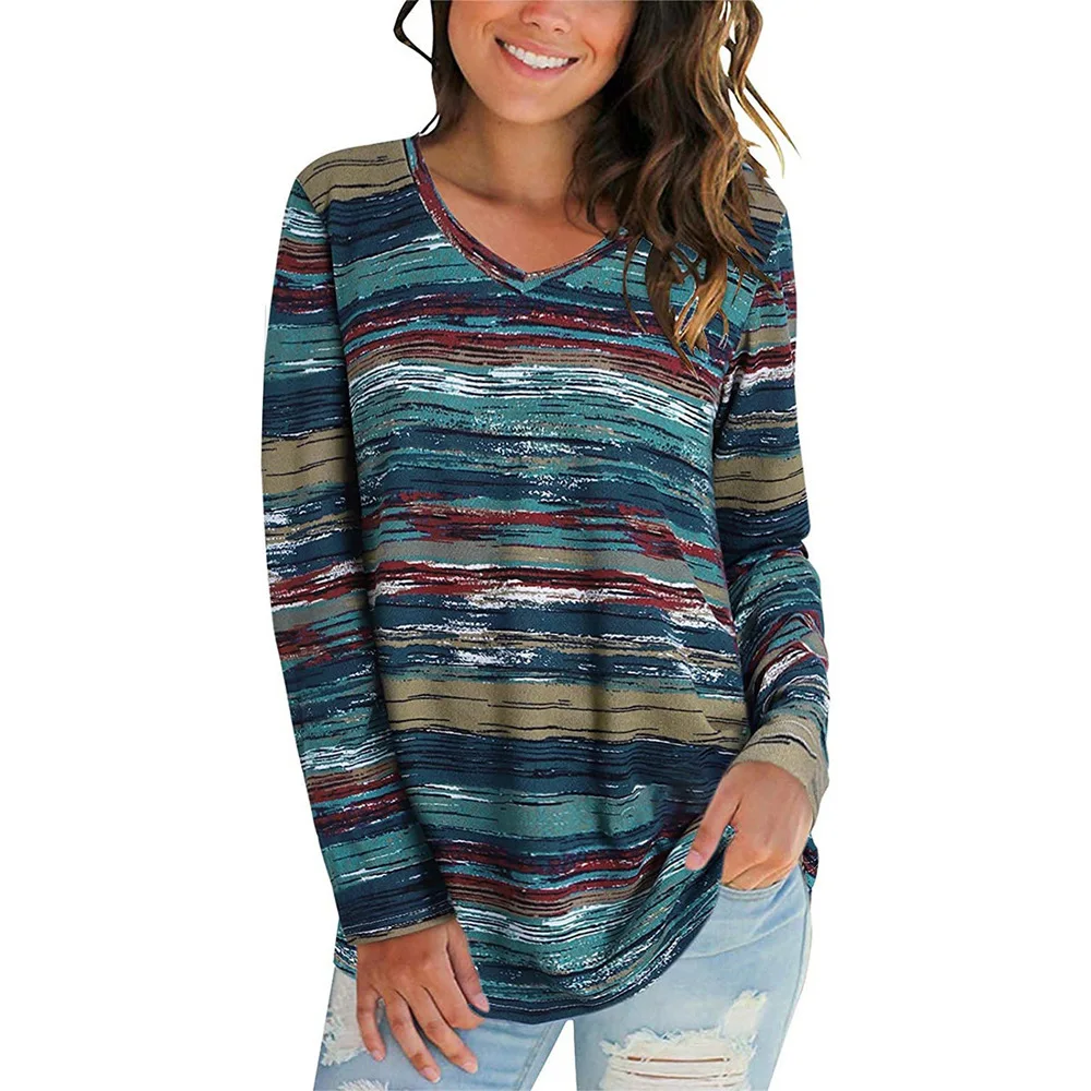 Source of New Autumn Winter Women\'s Top Silk Matte Digital Printed V-neck Long Sleeved T-shirt Oversized T Shirt Women Clothes