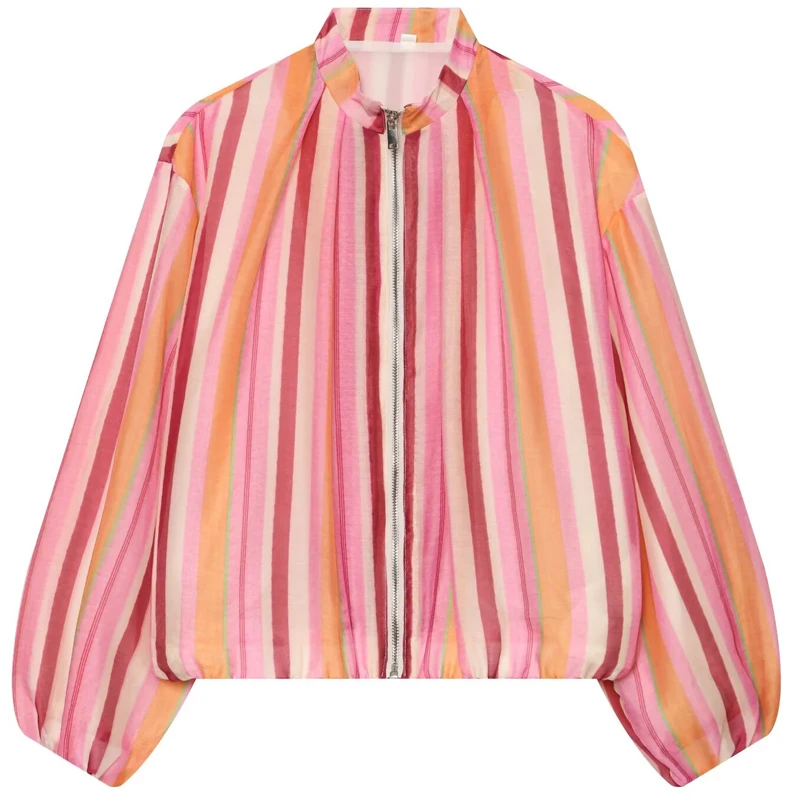 HXAO Striped Bomber Jacket Demi-Season Women's Cropped Jackets Chic Colorful Long Sleeve Lightweight Outerwear Oversized Coat