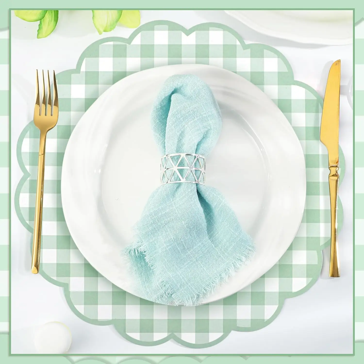 Napperons jetables en papier vert avec des bords fleuris, 50/100/150 pièces, adaptés à la décoration d'anniversaire et aux fêtes.