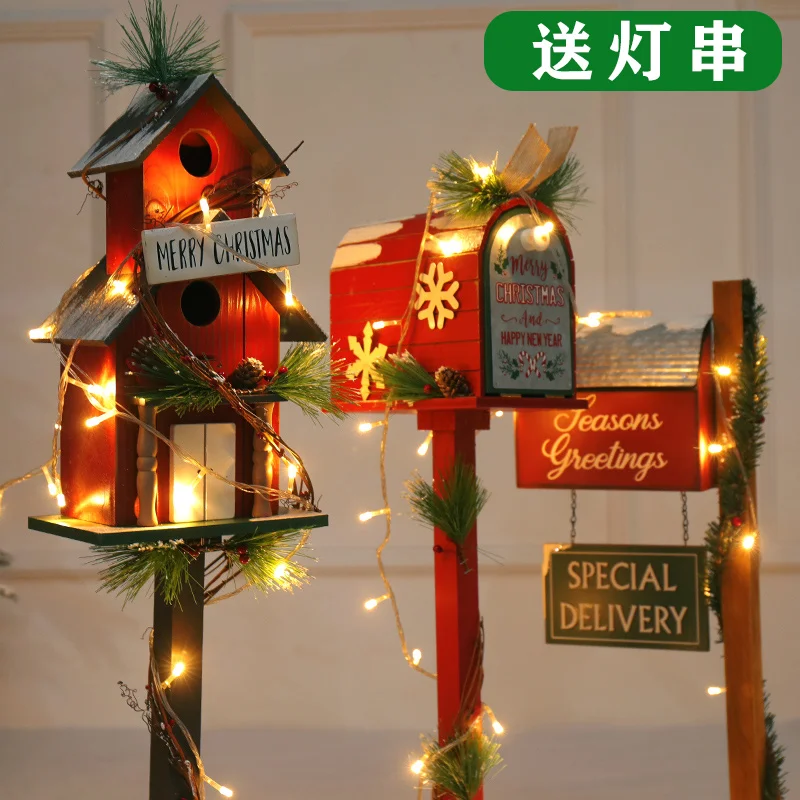 Christmas Wooden Mailbox Bird House Cabin Ornaments Hotel Window Holiday Atmosphere Ornaments Merry Christmas Sign Navidad 2023