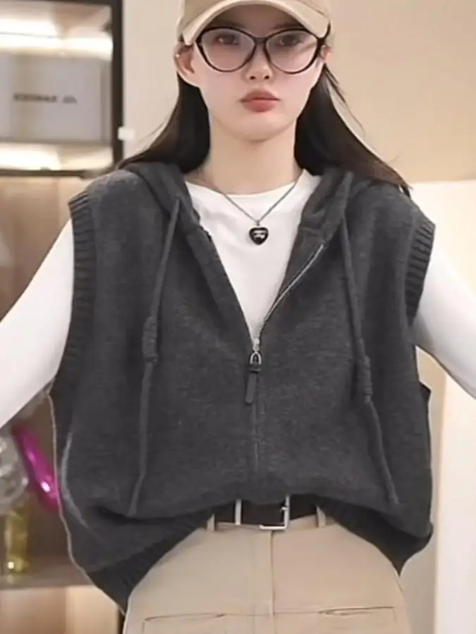 Fashionable Women's Knitted Hoodie Cardigan Spring Autumn Drawstring Multi-Purpose Vest Standard Fit Zipper Design No Pocket