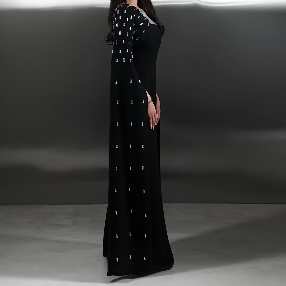 فساتين سهرة مخصصة على شكل حرف A بطول الأرض ورقبة سكوب وأكمام طويلة فستان حفلات موضة كريستال بسيط ثنيات #2