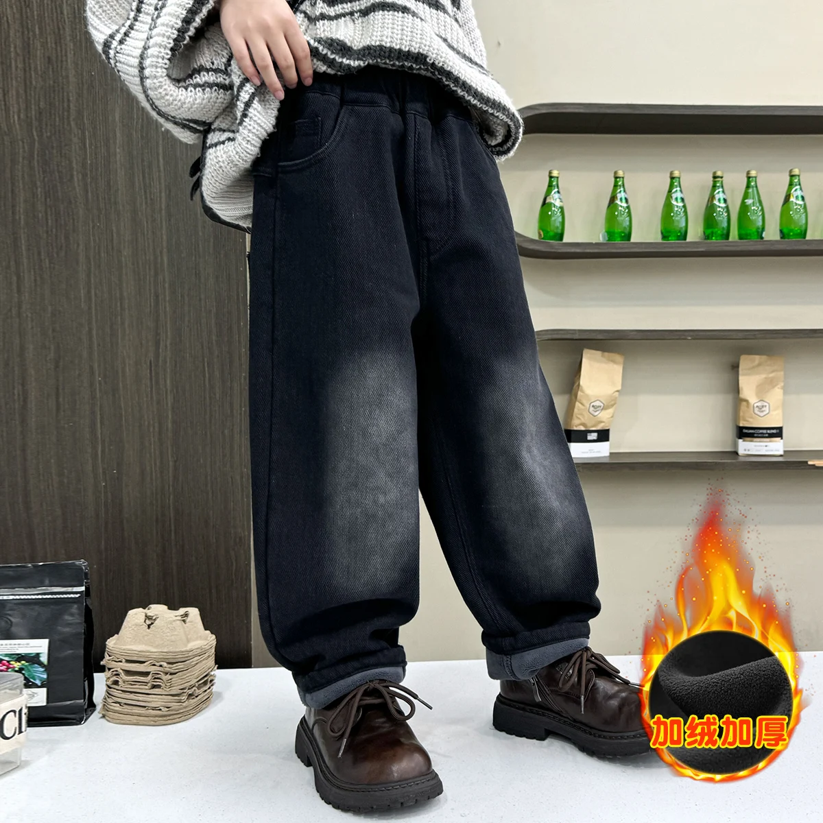 Retro Black Kids Winter Fleece-lined Jeans For Boy Loose Style Fashion Street Denim Pants With Corduroy Child Warm Thermal Jeans image 5