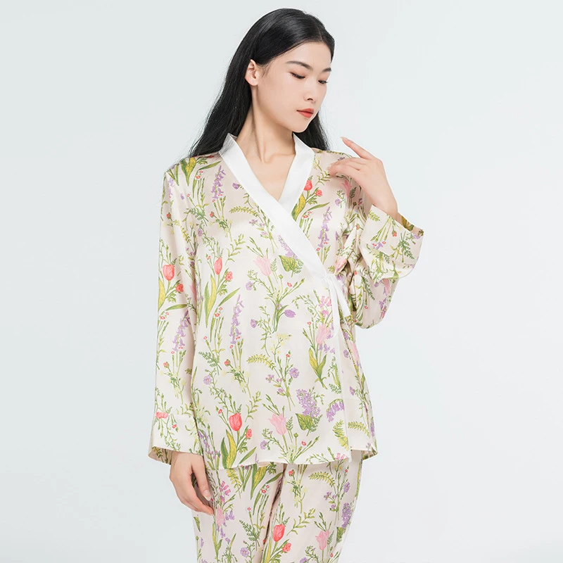 

19 Momme Floral Printing Chinese Style Long Silk Pajama Set