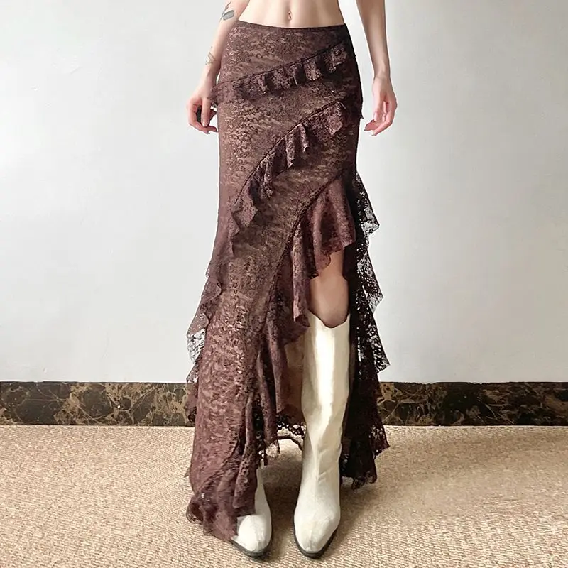 

Summer Vintage Ruffled Tiered Slit Skirt Women Fashion Floral Lace Layered Cake Skirt High Waist A-Line Retro Chic Skirt New