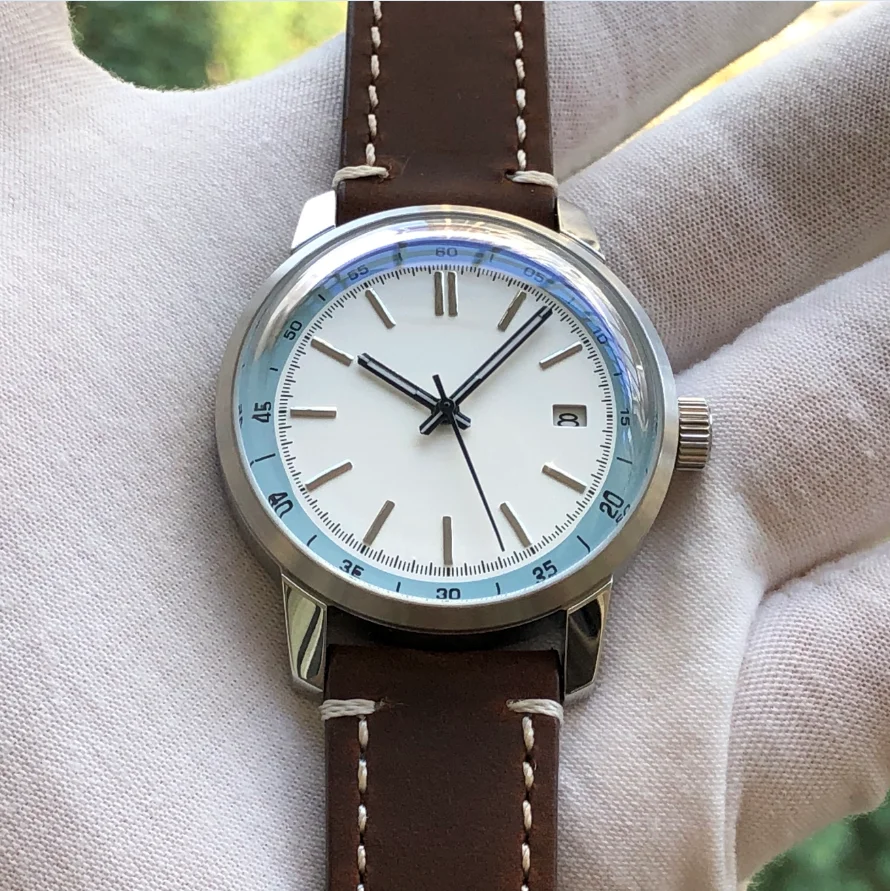 นาฬิกาข้อมือผู้ชายรุ่นใหม่ ขนาด 40 มม. ไม่มีโลโก้ กลไกอัตโนมัติ CN NH35 พร้อมหน้าต่างแสดงวันที่ กระจกทรงกลม รุ่นนักบิน GR1230-25