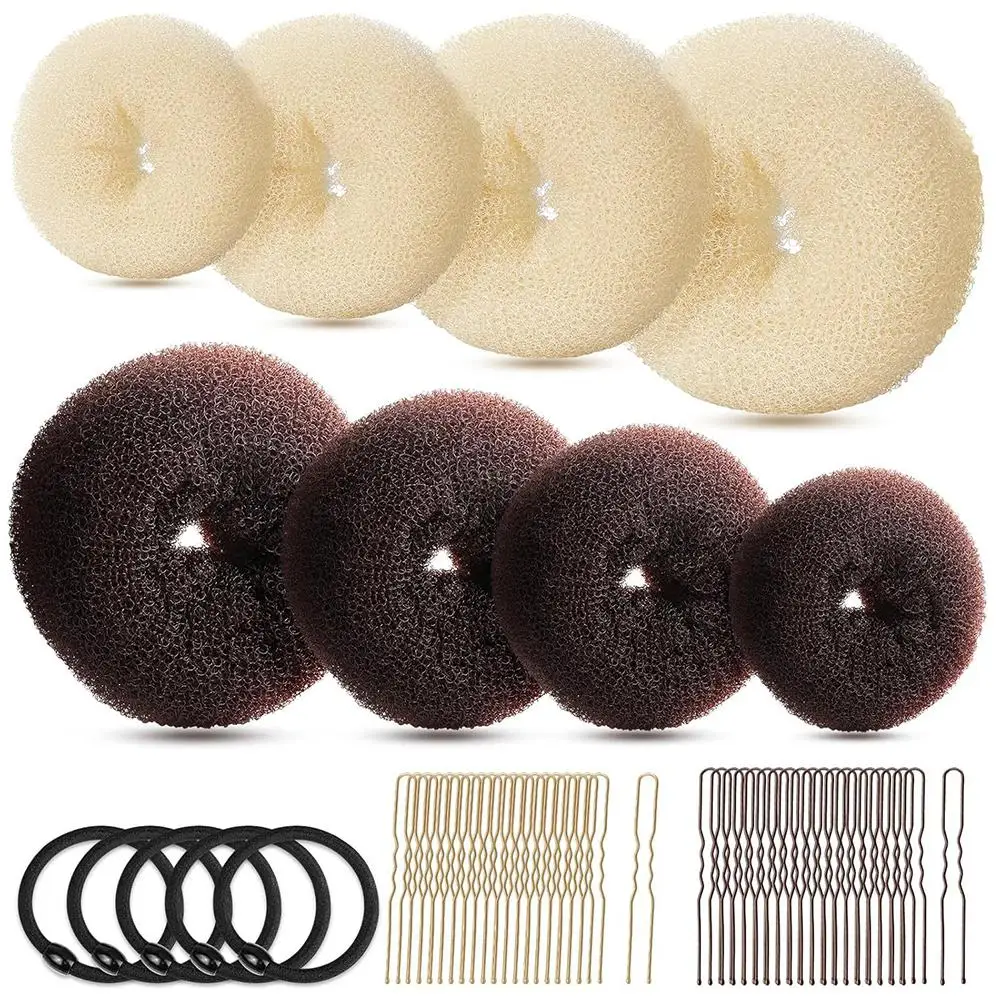 Donut Hair Bun Maker Set for Women Girls- 2 Colors Small Size Hair Bun Maker, Hair Donuts for Buns, Elastic Bands, Hair Pins
