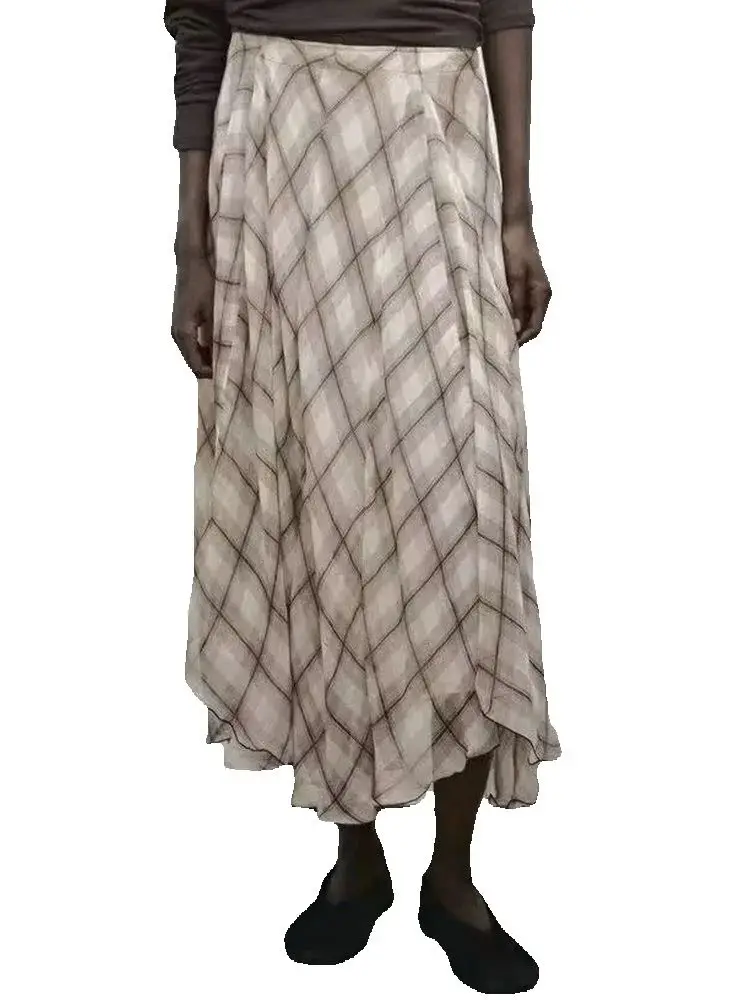 

Womens Vintage Luxury High Quality Loose Plaid Chiffon Skirts Female Elegant High Waist A-line Zipper Maxi Long Beach Midi Skirt