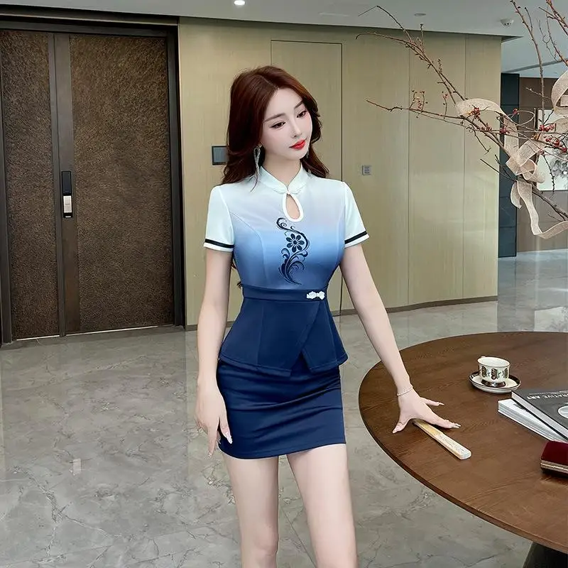 Gradient Color BlockingWoman Work Clothe Suit Hotel Beauty Salon Spa Massage Nail Cafe Sexy Foot Bath Technician Bodycon Skirt