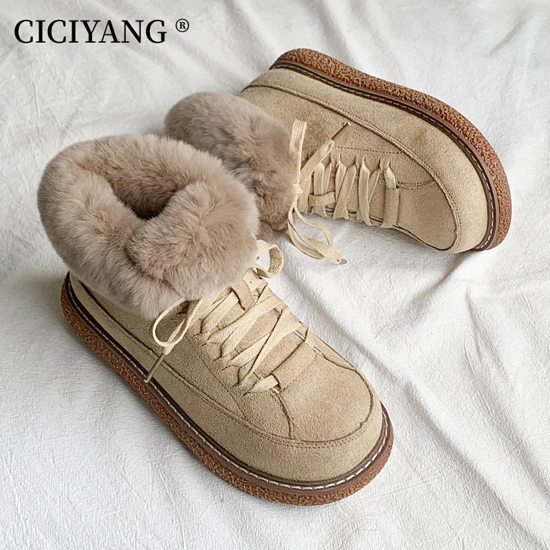 CICIYANG Snow Boots For Girls 2024 New Winter Women With Thick Fur Non-slip Ankle Boots Lace-up  Warm Cotton Shoes Khaki Color