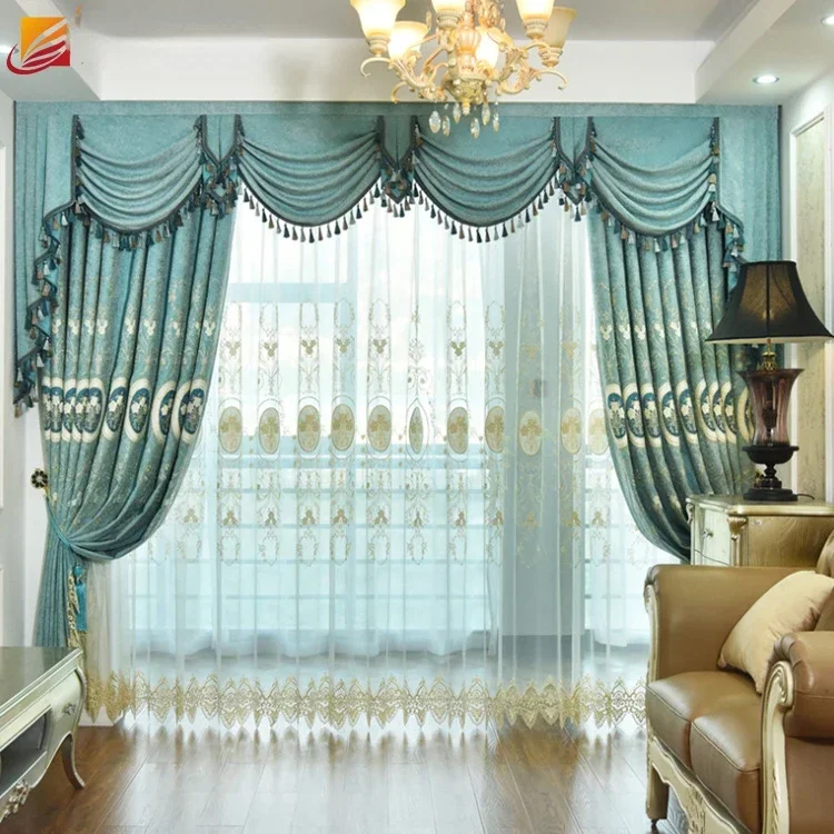 

Custom Size European Blue Embroidered Valance Chenille Luxury Curtains for Living Room Bedroom Dining Blackout Tulle Window