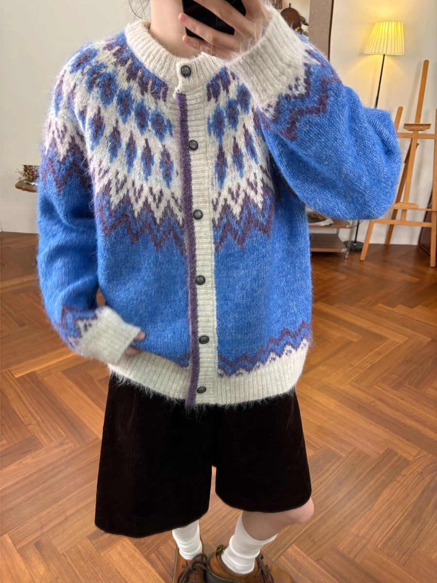 

Retro Korean Sle Women's Knitted Open Cardigan Soft Cozy Diamond Color Blo Sweater Outerwear Trendy Autumn Winter New Arr...