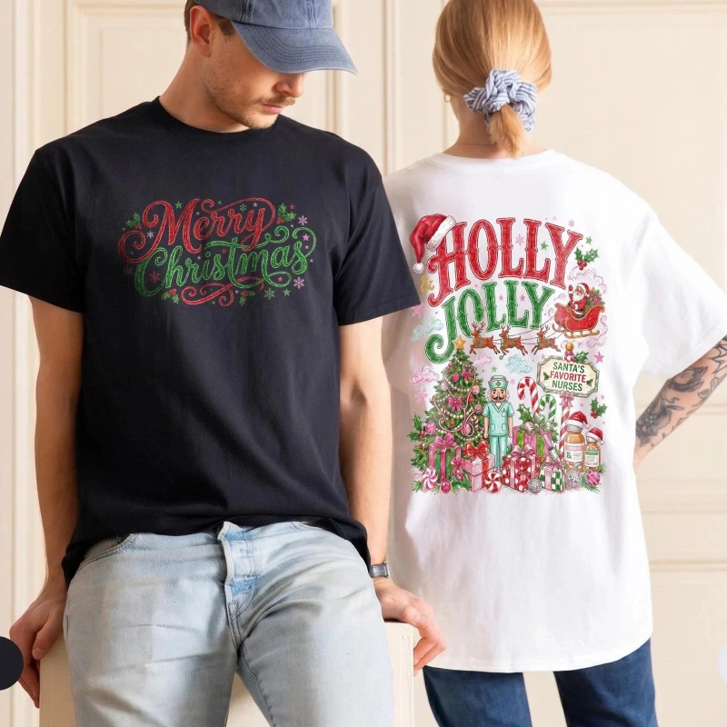 Holly Jolly Nurse Shirt Double Sided Christmas Scrub Shirts Santa's Favorite Nurses T-shirts Medical Graphic Tee Short Sleeve
