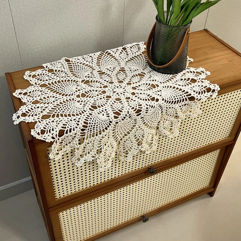 2Pcs 60cm Hand-crocheted Cotton Tablecloth Vintage Lace Placemat Tea Table Cloth Lamp Sofa Cover Home Living Room Decoration