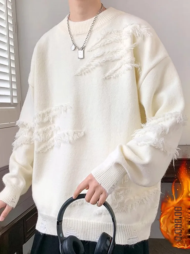 

Men's round Ne Fce Lined Thiened Loose Casual Knitted Sweater Winter Vintage Lazy Hole Punch Line irt Youth Faion