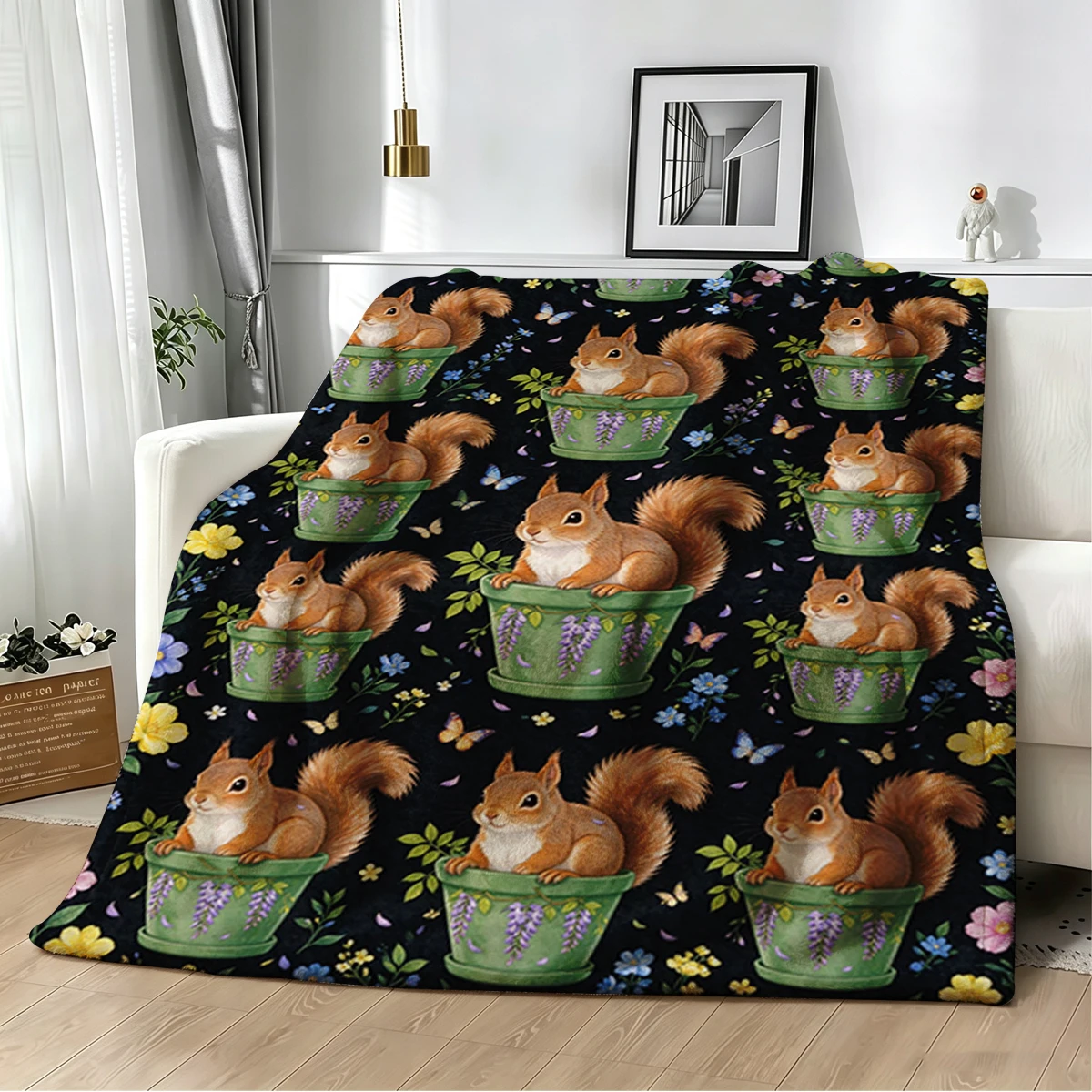 Squirrel Green Pot Rainbow Flannel Blanket Warm Soft Halloween Christmas Decorative Couch Warm Cozy All-Season Gift