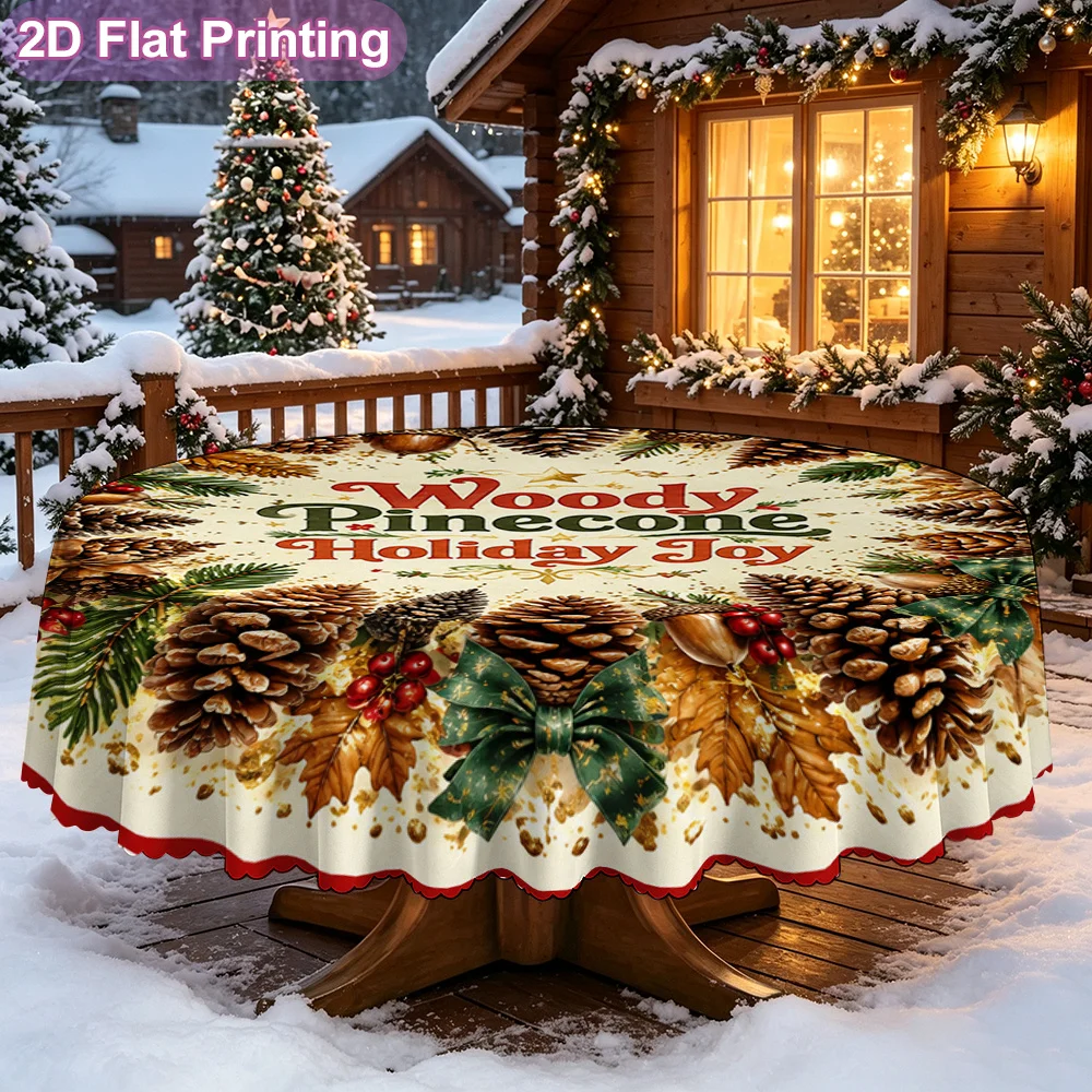 2D flat single piece festive round tablecloth with wooden pine cone festive joy wreath design pattern, decorative tablecloth