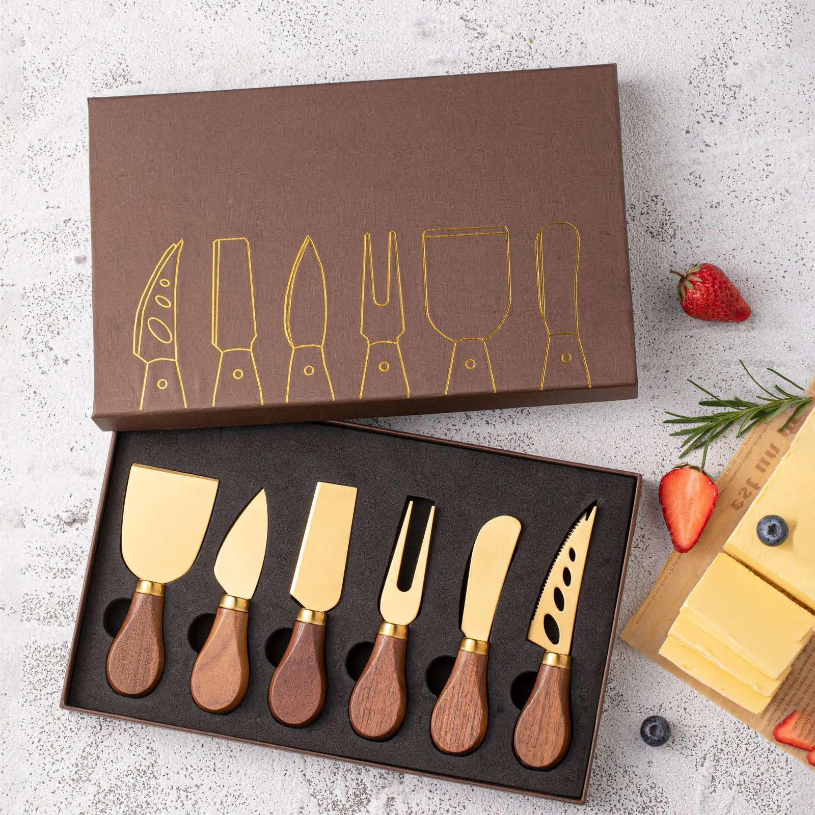 

6pcs Cheese Butter Gift Box Set Stainless Steel Cheese Knife and Fork Western Food Wooden Handle Set Kitchen Butter Tool