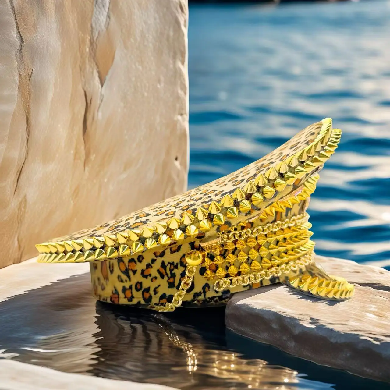 HongLuan Yellow Laser Leather Loop Captain Hat Rhinestone & Military Caps for Woman, Rave Festivals Accessories ＆ Party Cap Man