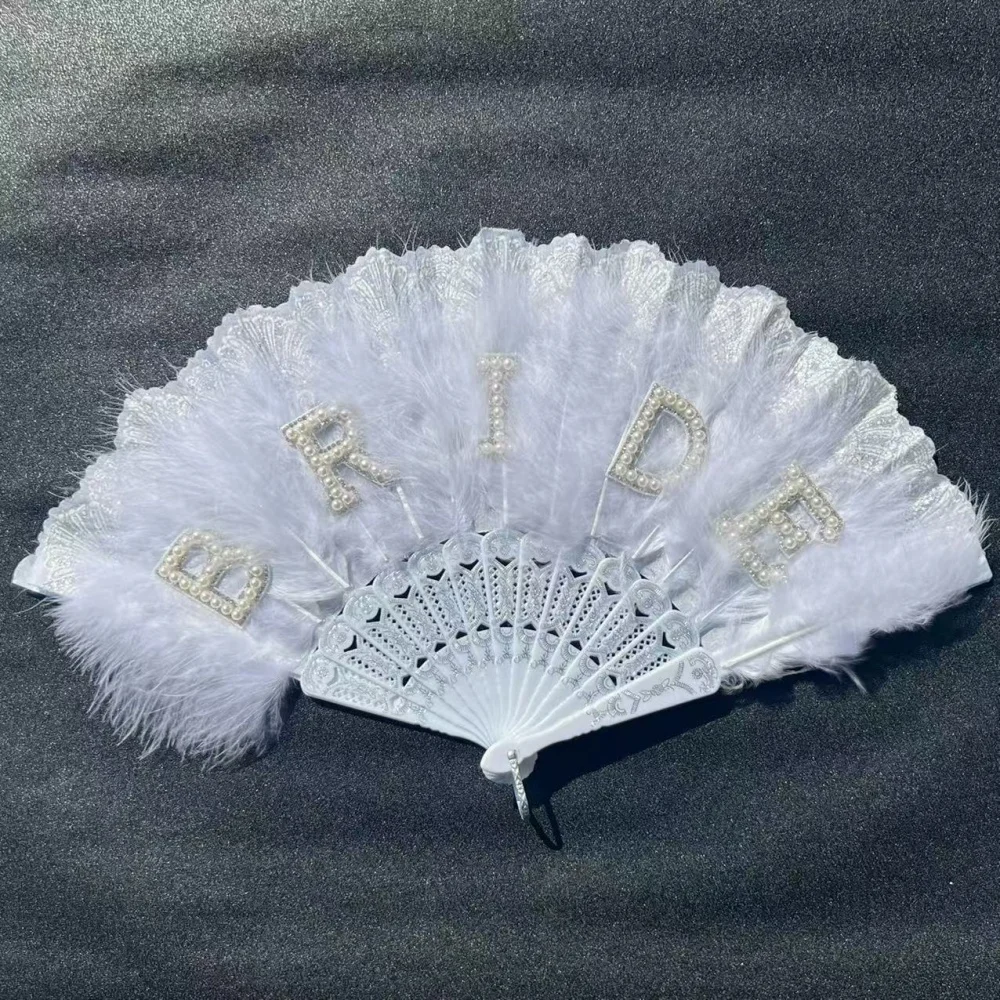 

White Bride Pearl Feather Fan Elegant Folding Handheld Fans Bridal Shower Wedding Decoration Women Bachelorette Party Supplies
