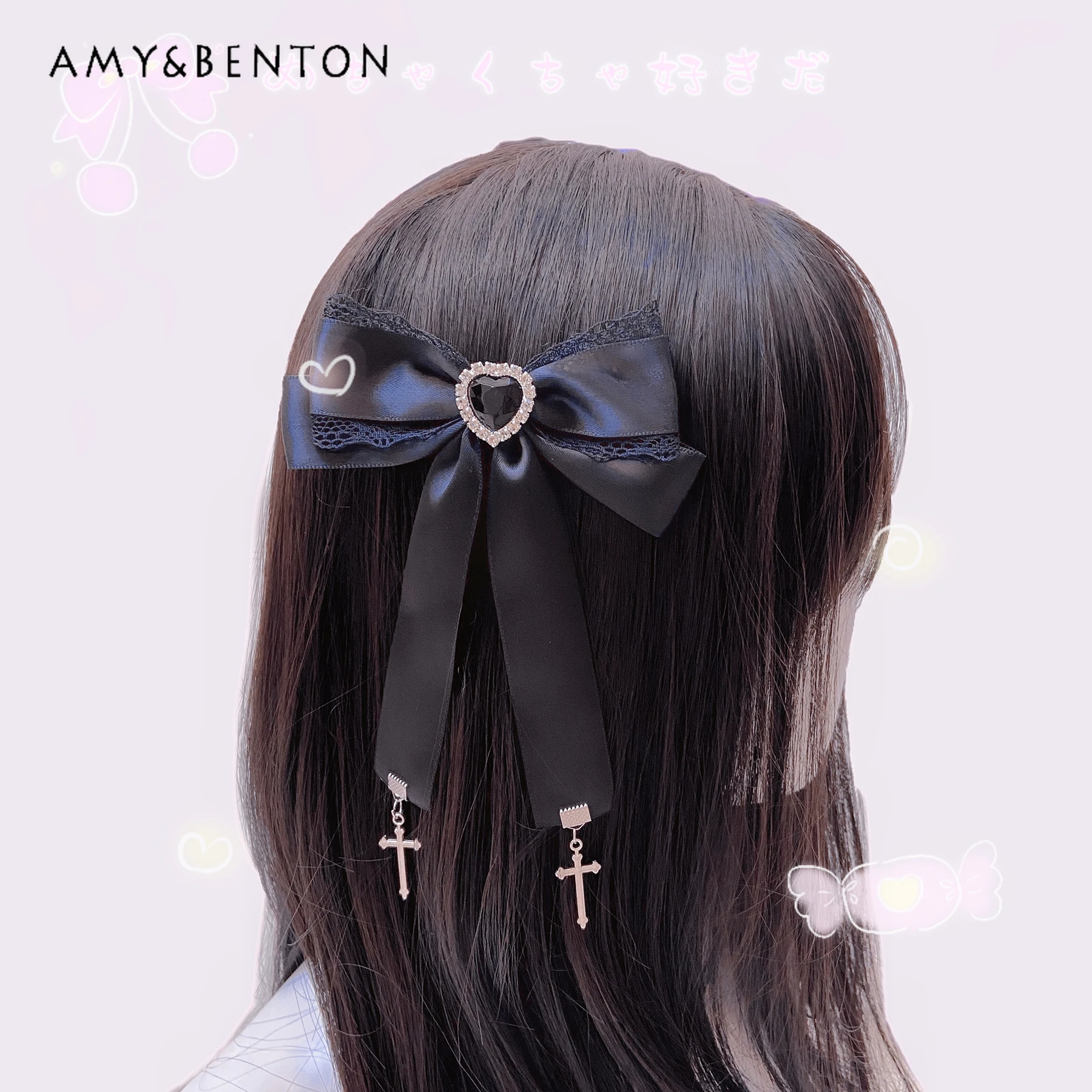 

Mine Series Love Cross Barrettes Women Harajuku Black Sweet Cool Light Lace Bow Clips Hairpin Headwear Lolita Hair Accessories