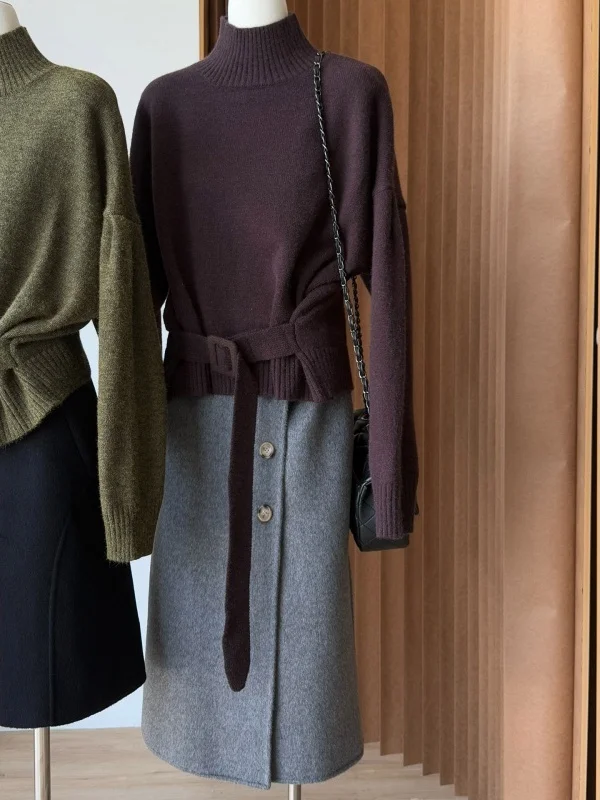 

Loose Knitted High Collar Sweater with Belt Fall Winter Women's Base irt Comfortable Soft Korean Design Loose oulder Sve