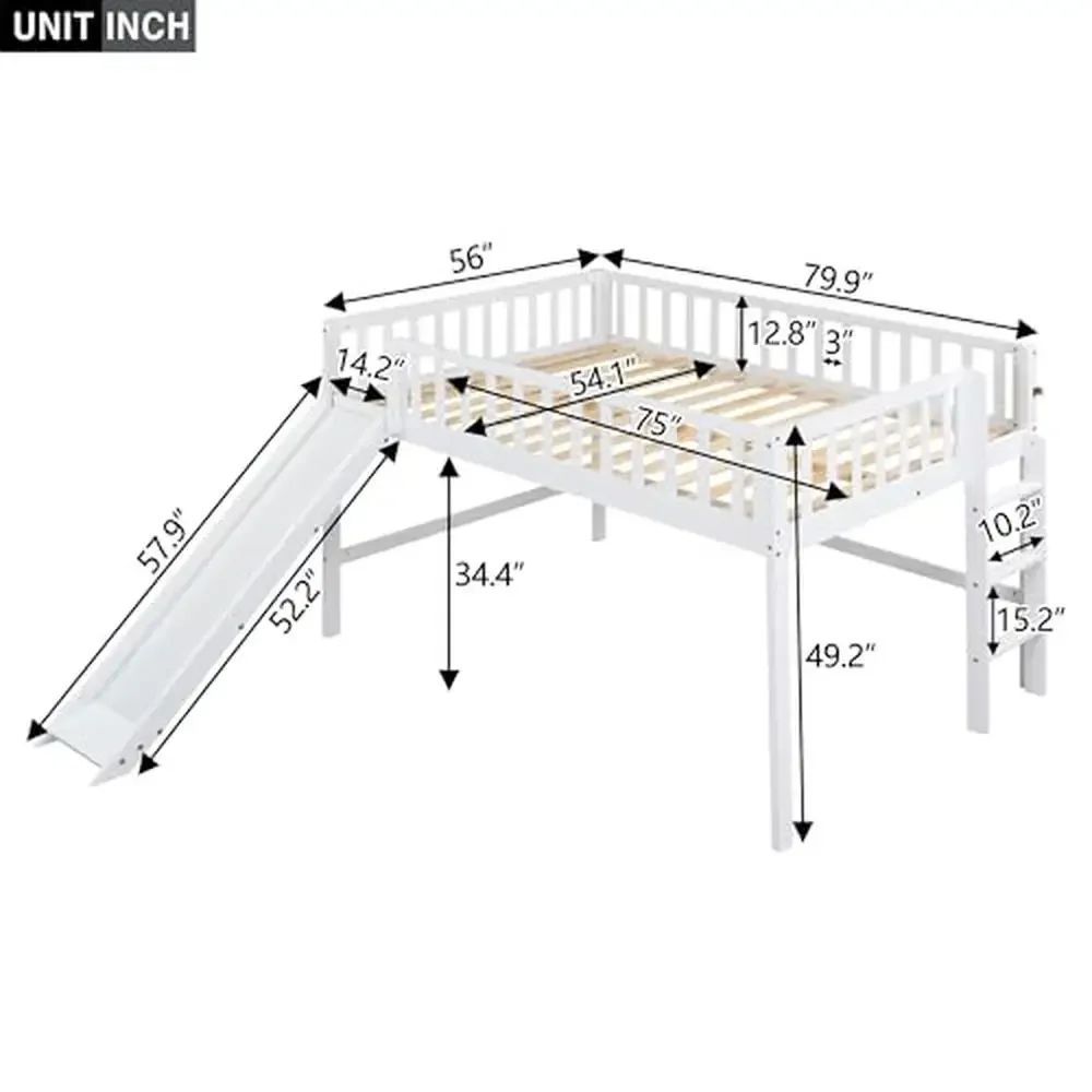 Junior Wood Loft Bed with Slide Low Loft Bunk Bed Kids Pine Wood Frame White Fun Slide and Ladders Safety Features Easy Assemble