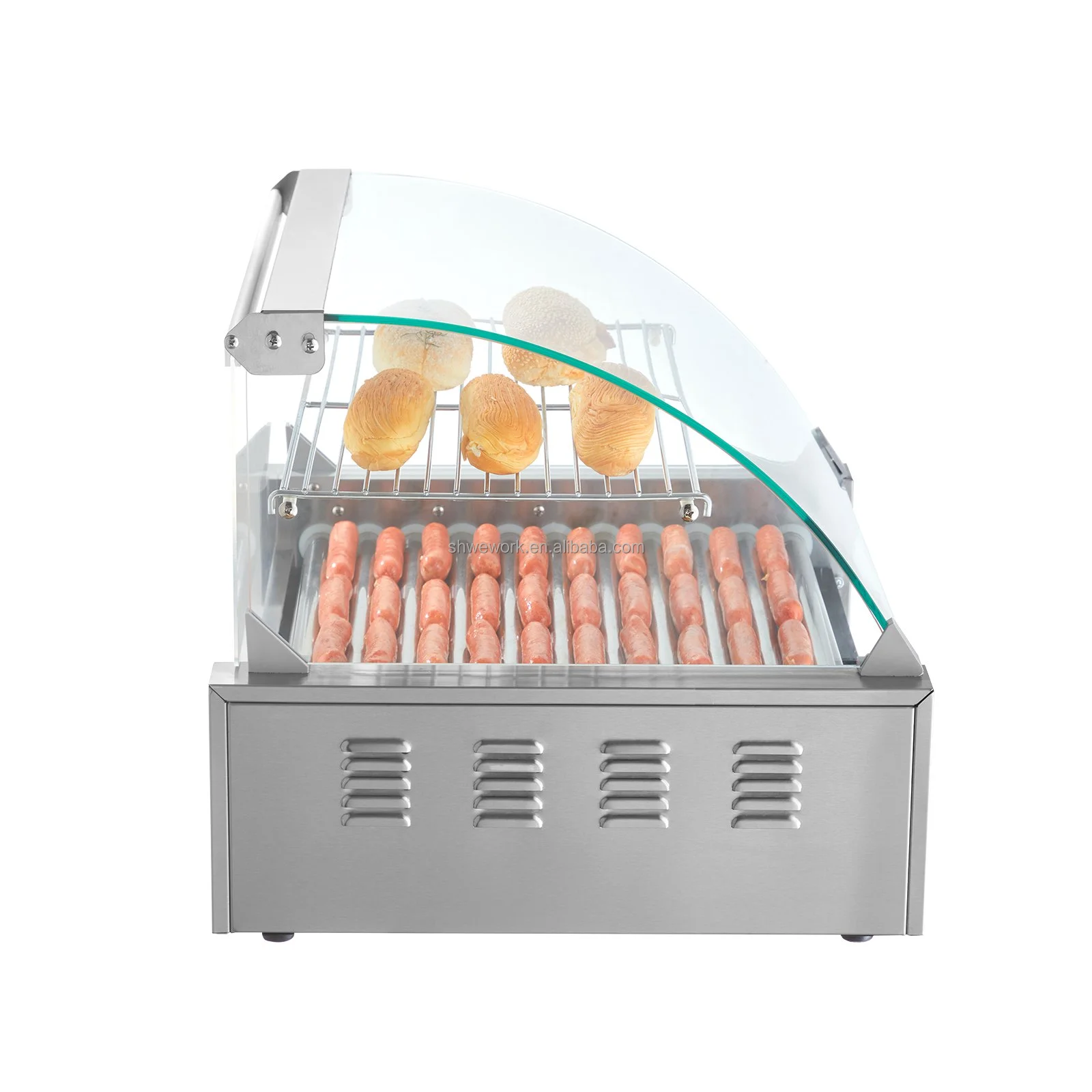 11-Roller Sausage Grill Machine Commercial Hot Dog Roller Glass Hood Acrylic Cover 2-in-1 Cooker Bun Warmer New Condition
